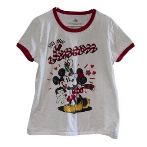 Disney Women's Tis the Season Minnie and Mickey Mouse T-Shirt Cotton White Large